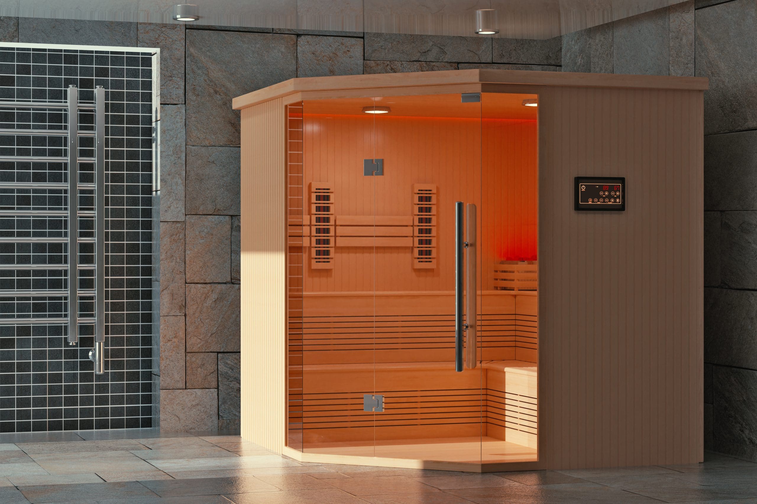 Classic Wooden Infrarered Finnish Sauna Cabin in Bathroom Interior. 3d Rendering